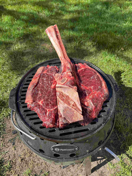 Gegrilltes Tomahawk Steak im Butterfly Cut mit kräftiger Kruste auf einem Grillrost aus Gusseisen, serviert mit Kräutern und grobem Salz.