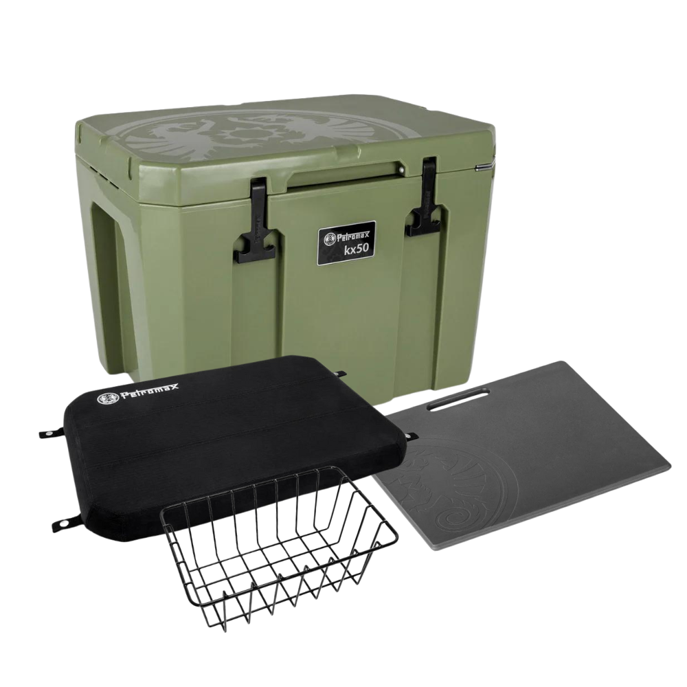 Petromax - petromax kx50 ハードクーラー Kühlbox KX50 inkl. Sitzkissen, Korb & Trennbrett, oliv