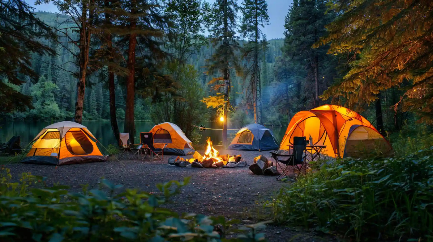 Campingzelt neben einem Lagerfeuer inmitten eines Waldes
