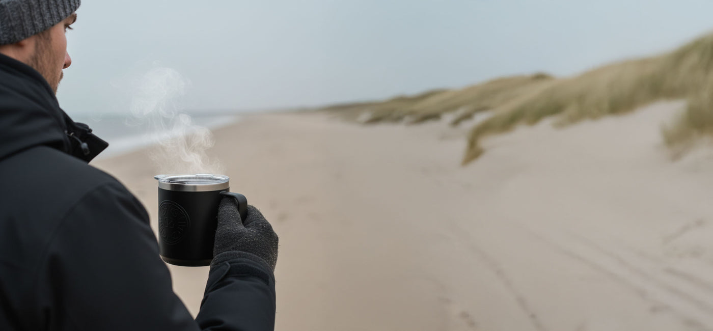 Ein Mann hält eine Petromax Waigo Thermotasse am Strand auf Sylt.